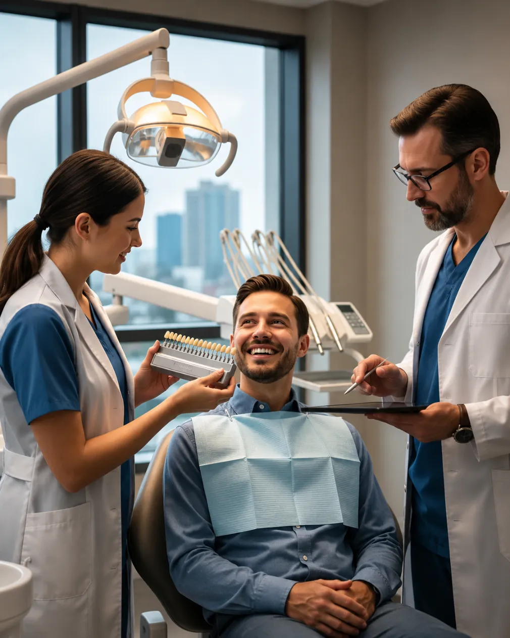 The dentist will review the available shades with you to help